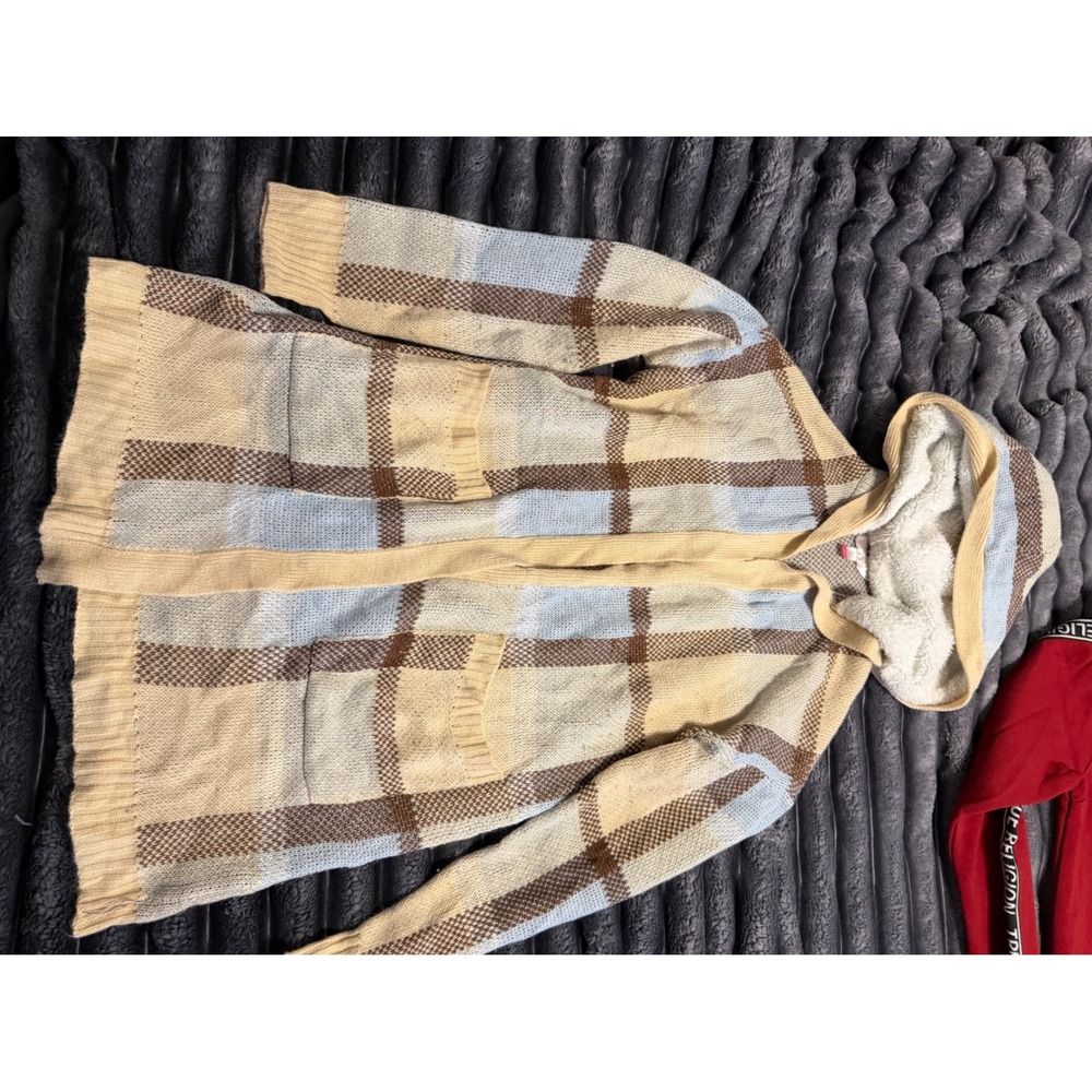 No Boundaries Womens Plaid Hooded Cardigan Sweater Sherpa Lined Hood Tan Blue M